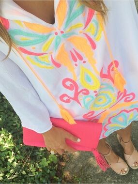 Lilly Pulitzer White Tunic Dress with Neon Pink Orange Blue Embroidery
